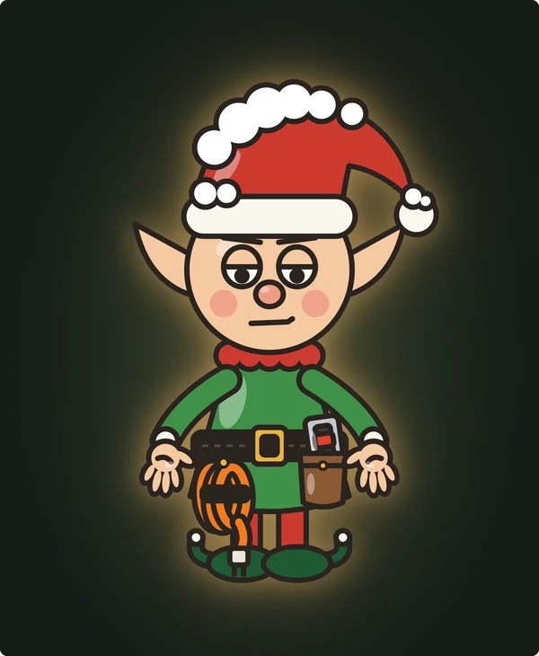 Breaker the elf, with an orange extension cord on his belt and a tripped circuit breaker in his pouch